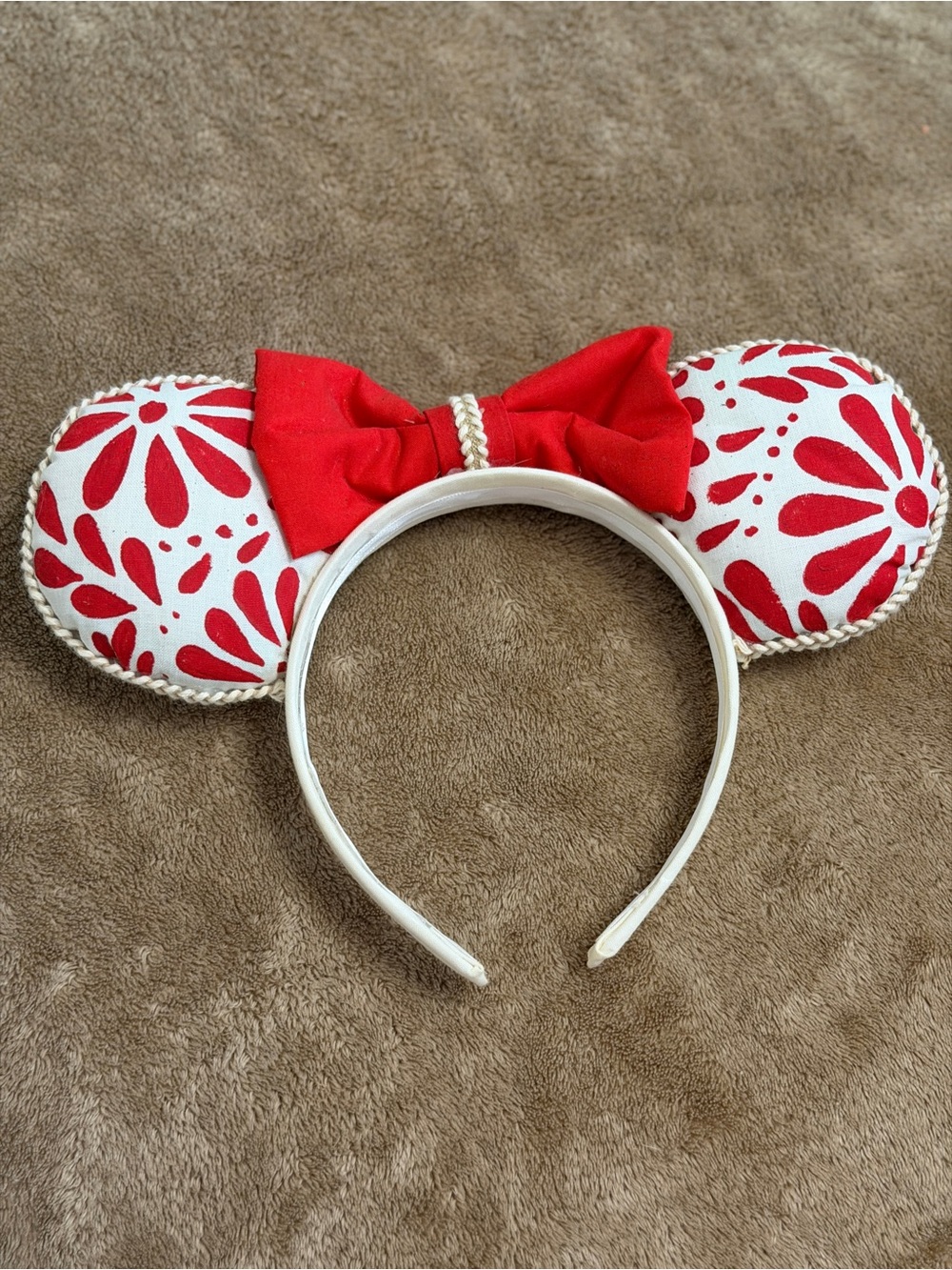 Talavera inspired Red and White Floral Minnie Ear Headband with Red Bow